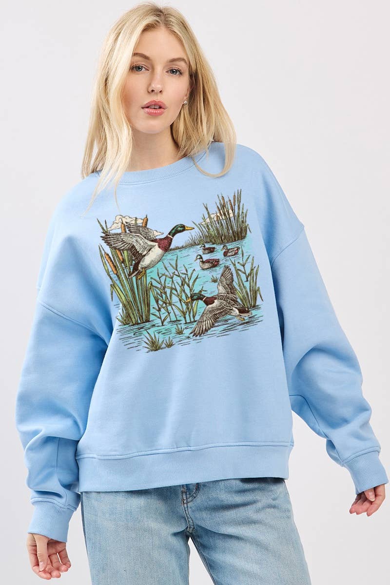 Mallard Ducks Graphic L/S Relaxed Fit Fleece Sweatshirts