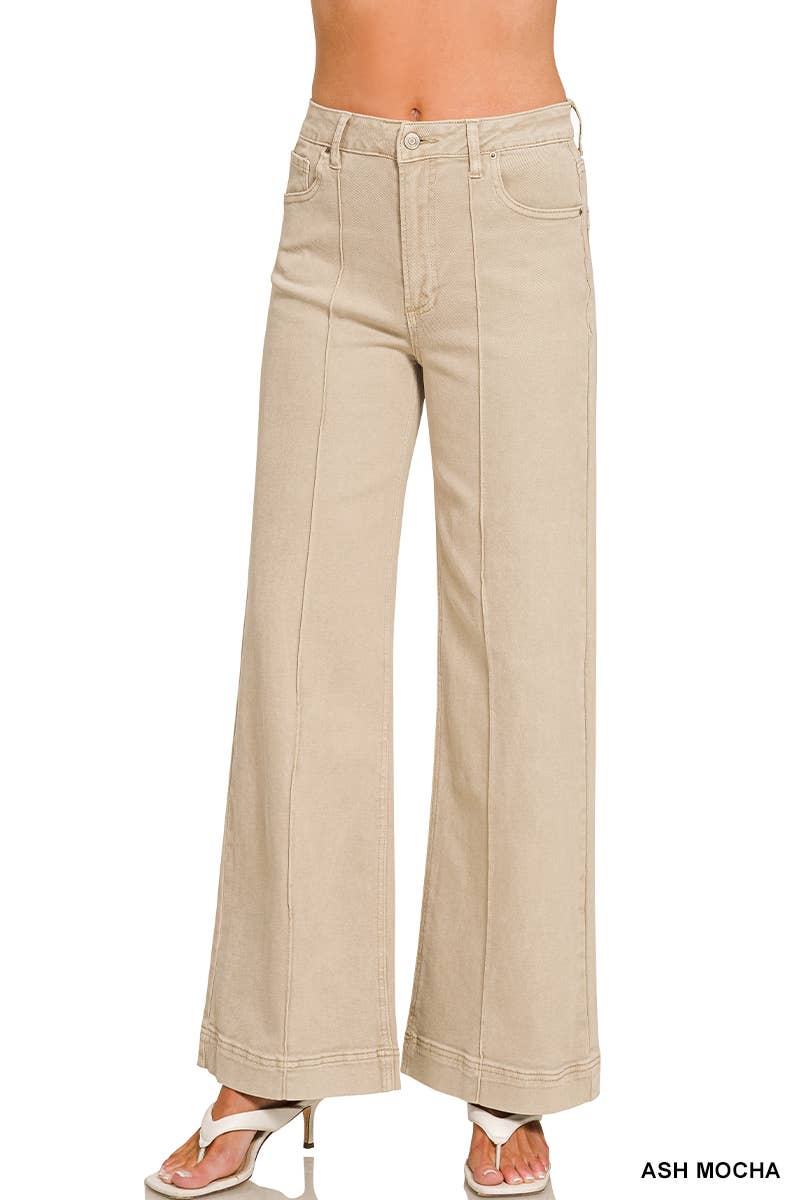 High Rise Wide Leg Pintuck Color Denim Pants
