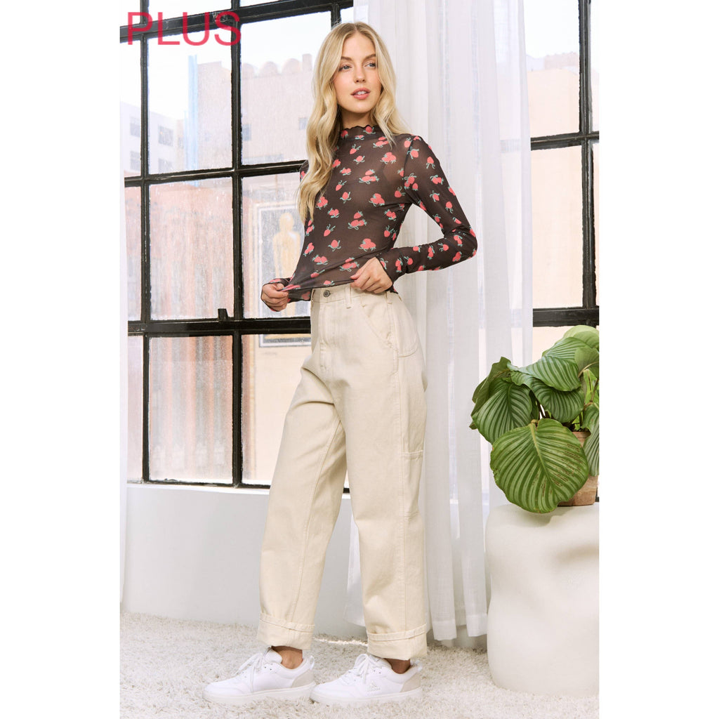 PLUS MESH STRAWBERRY PRINT HIGH NECKLINE CROP TOP