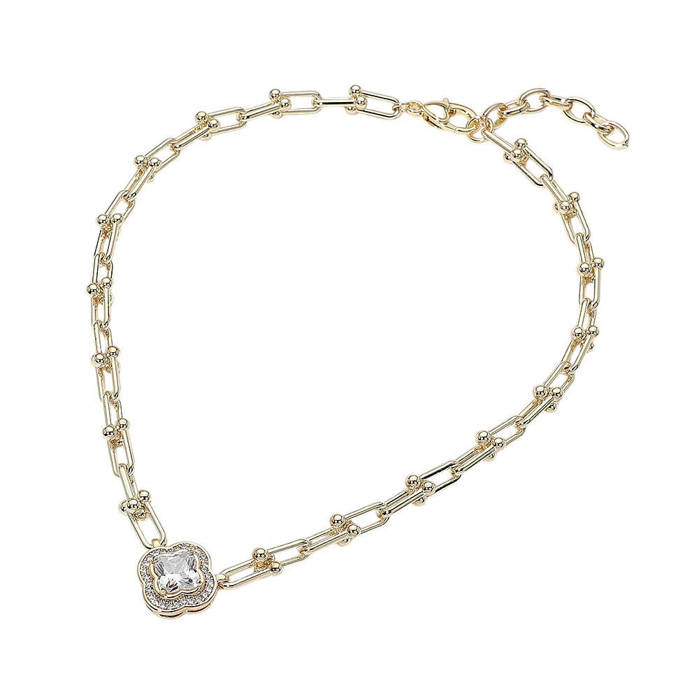 14K Gold Plated Quatrefoil CZ Charm Accent Industrial Link Necklace