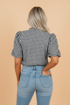 PRETTY BASH Gingham Plaid Frilled Neck Blouse