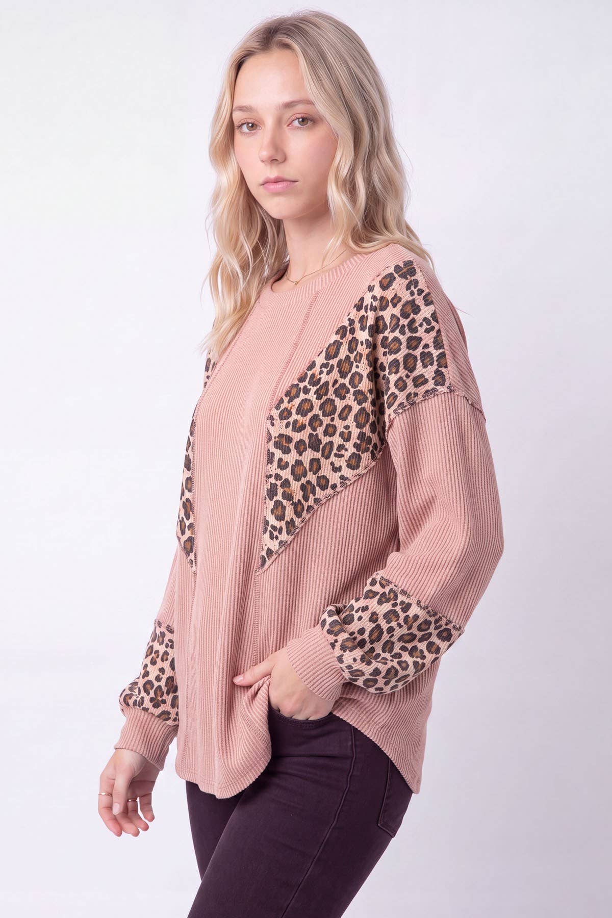 Leopard Contrast Rib Knit Pullover