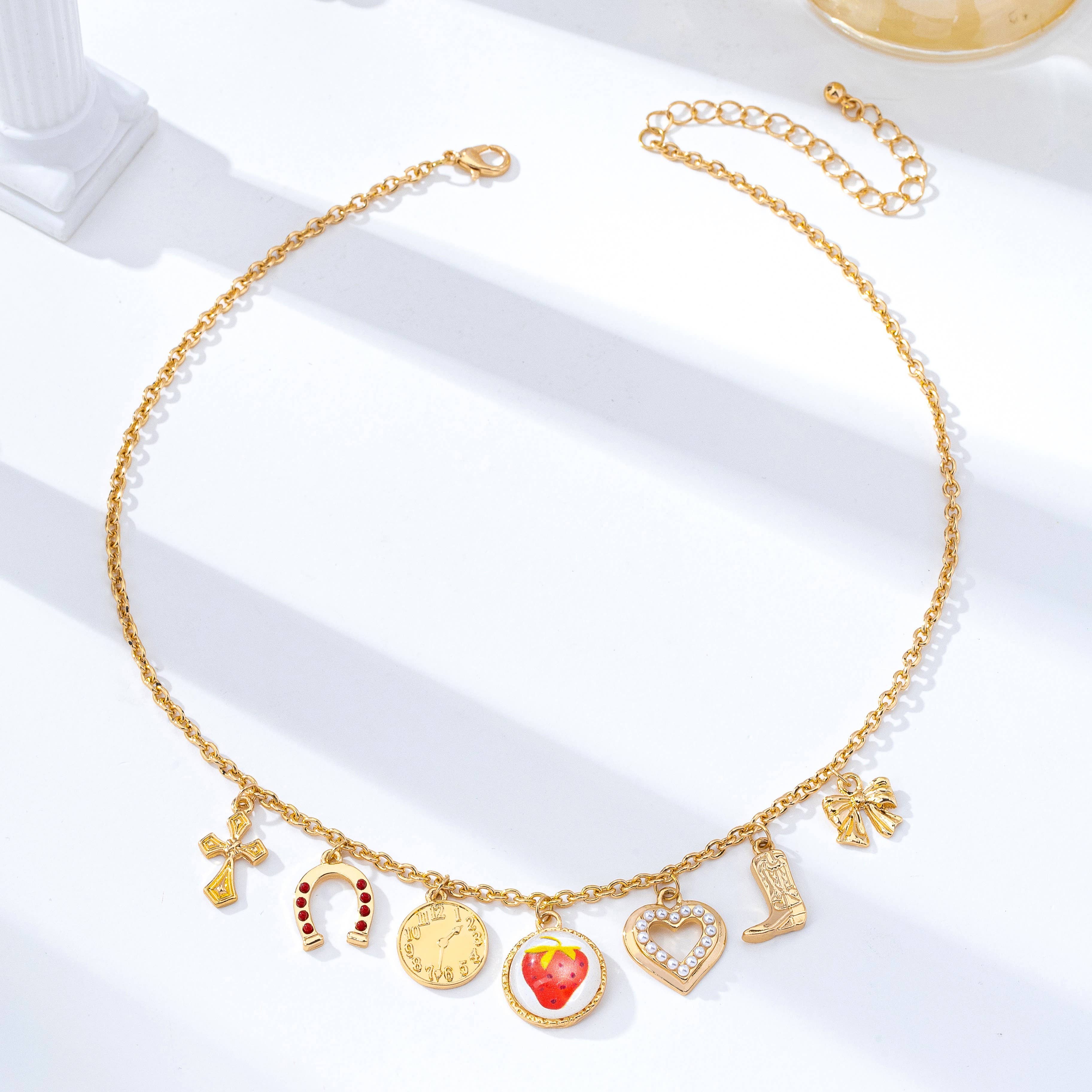 Strawberry Bow Coin Boot Western Charm Necklace | 80N93114