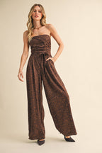 LEOPARD SUEDE STRAPLESS BELTED JUMPSUIT