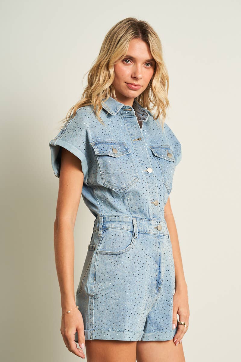 70047-RHINE STONE DETAILED DENIM ROMPER