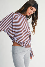 8645IN Mock Neck Yarn-Dyed Striped Oversized Long Sleeve Tee
