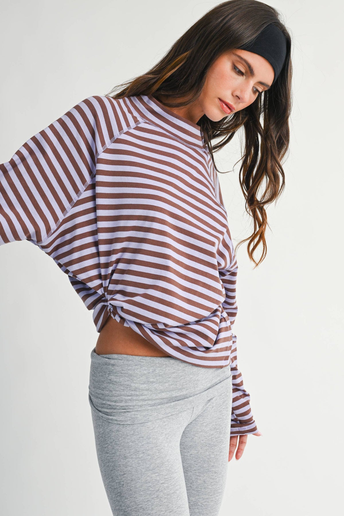8645IN Mock Neck Yarn-Dyed Striped Oversized Long Sleeve Tee