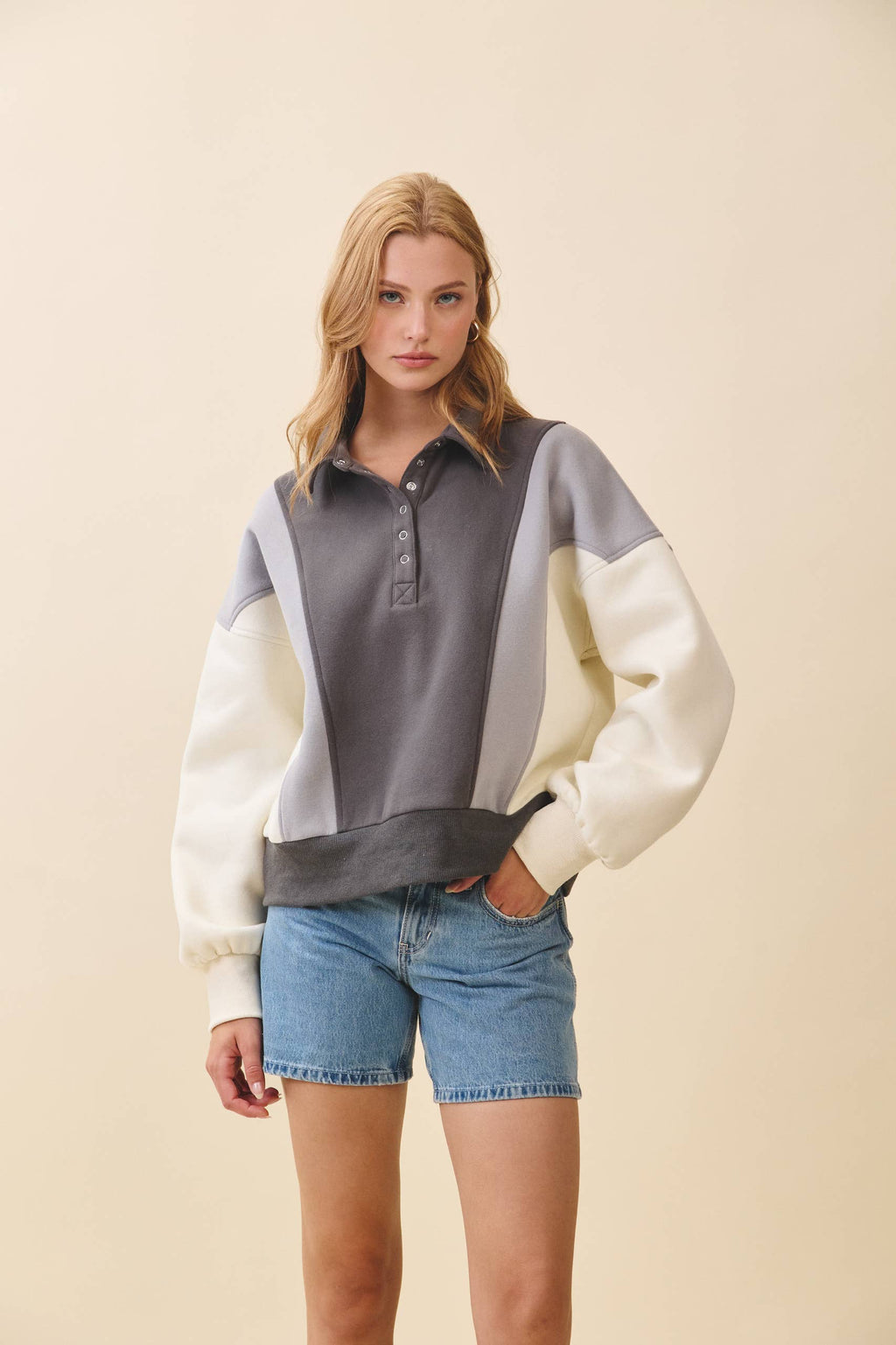 9161HK Collared Colorblock Henley Pullover Sweatshirt