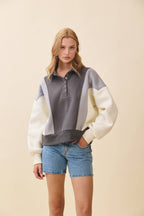 9161HK Collared Colorblock Henley Pullover Sweatshirt