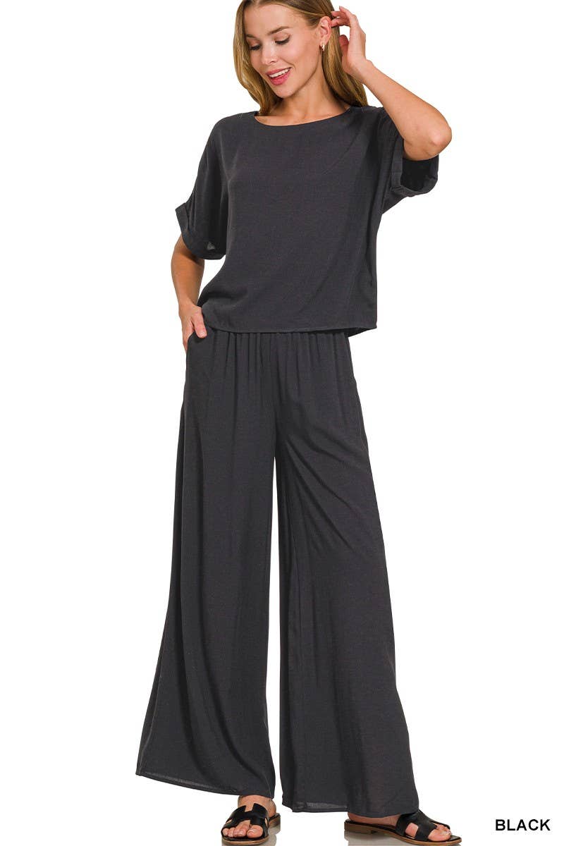 Woven Short Sleeve Long Pants Set