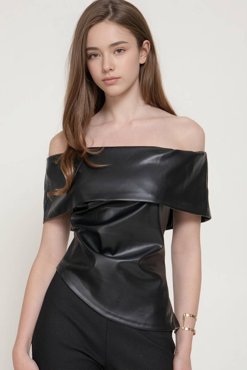 Off Shoulder Assymetrical Hem Faux Leather Top
