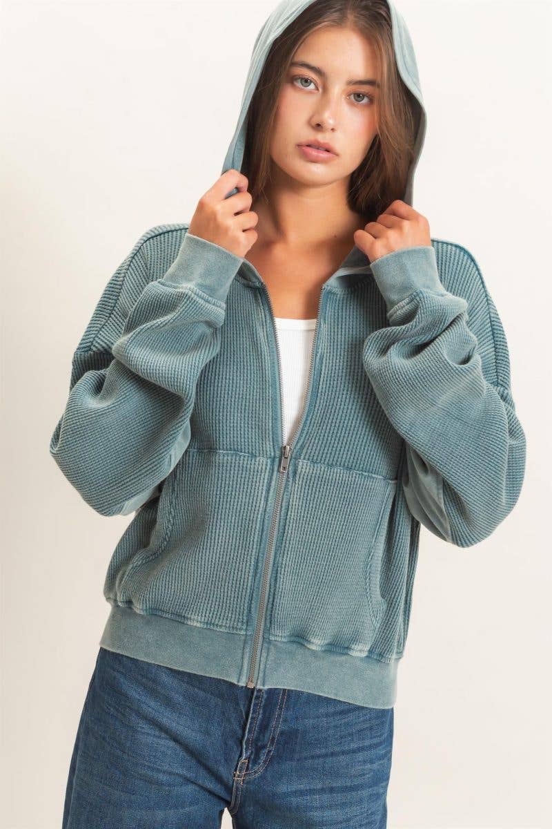 Acid Wash Waffle Knit Zip-up Hoodie