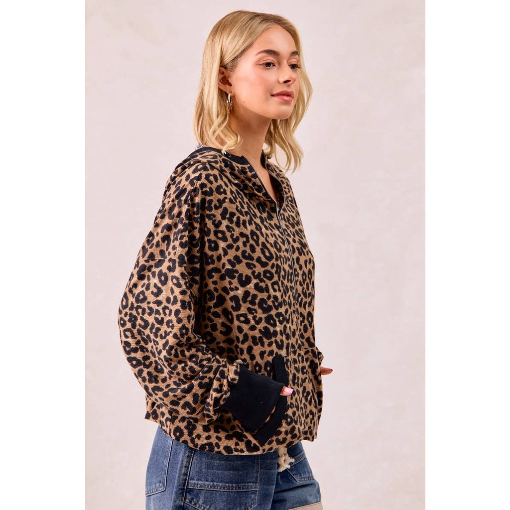 LEOPARD PRINT WAFFLE HALF ZIP UP HOODIE W POCKET