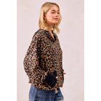 LEOPARD PRINT WAFFLE HALF ZIP UP HOODIE W POCKET
