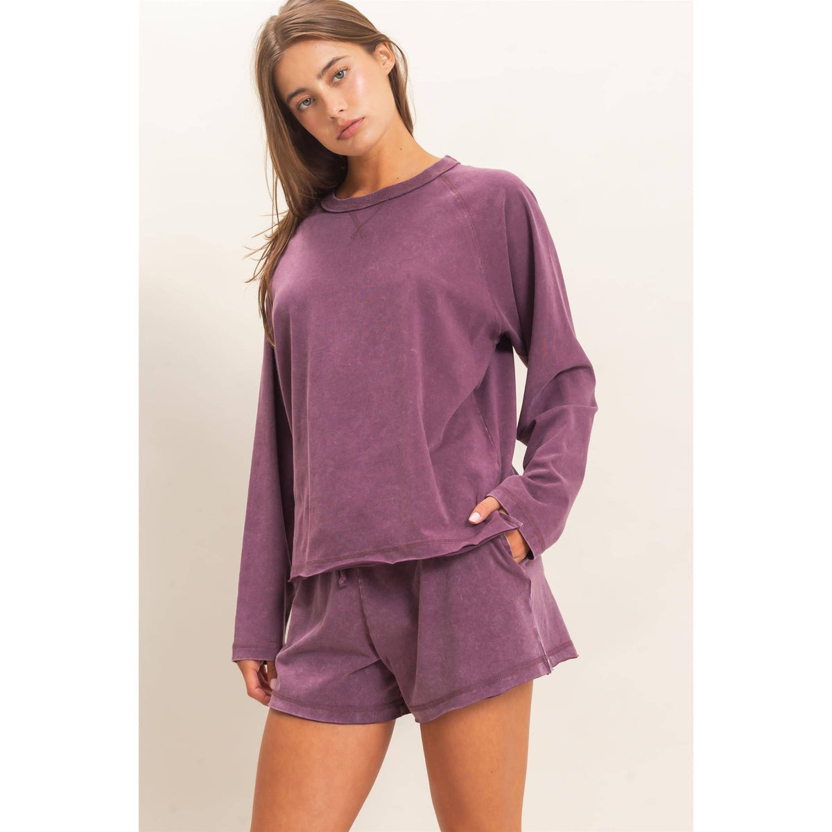 Mineral Wash Long Sleeve Raw Edge Top & Shorts Set
