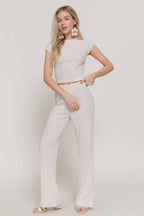 Short Sleeve Crew Neck Top & Waist Band Flare Pants Set