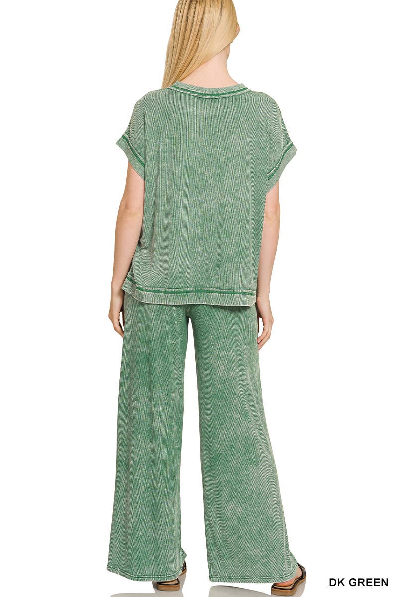 Ribbed Acid Wash Rayon Top N Pants Set