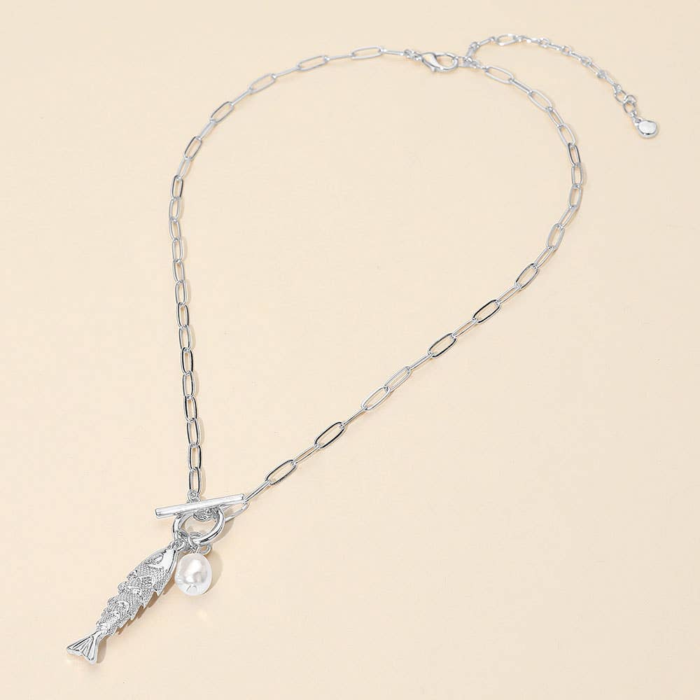 Fish Pearl Toggle Charm Pendant Necklace