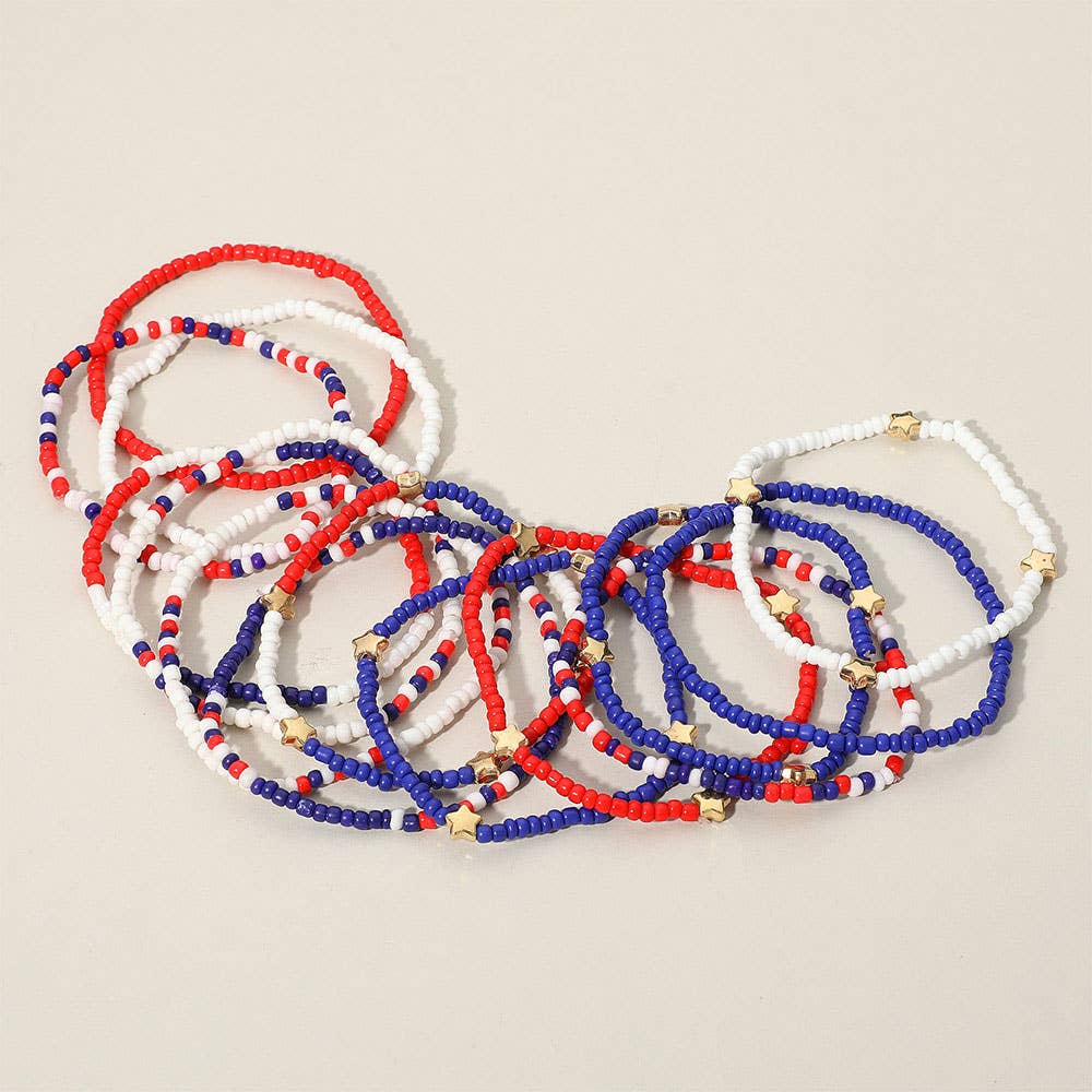 14PCS - American USA Star Beaded Stretch Multi Bracelets