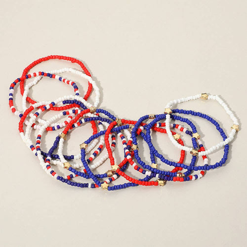 14PCS - American USA Star Beaded Stretch Multi Bracelets