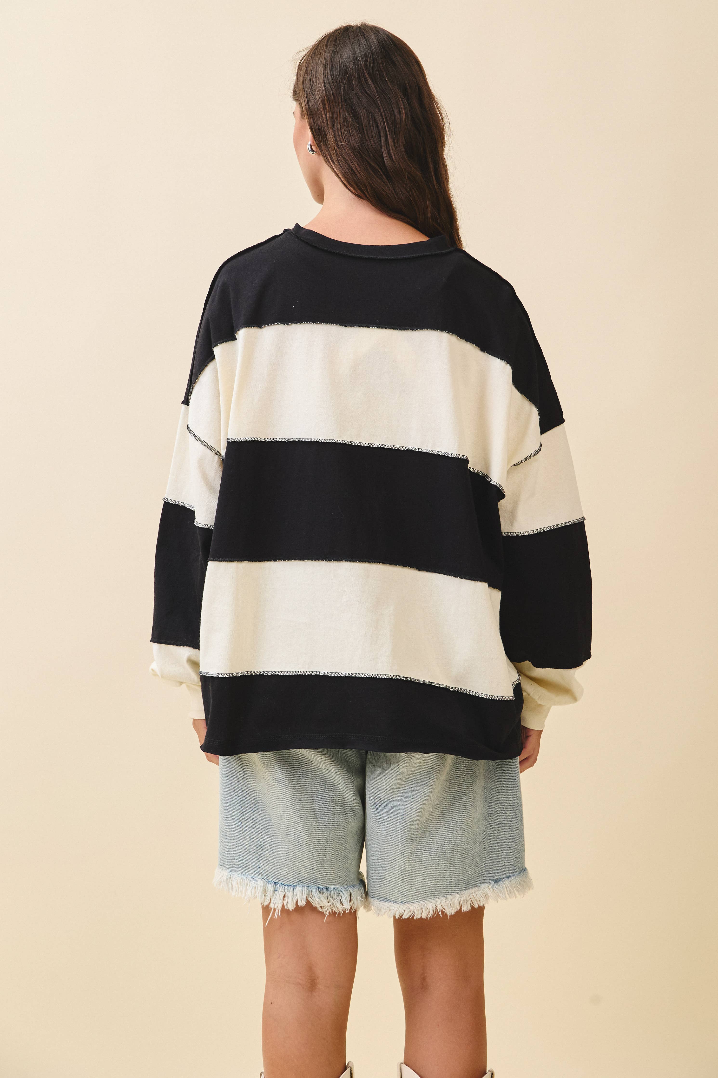 8551GN Contrast Panel Long Sleeve Slouchy Top