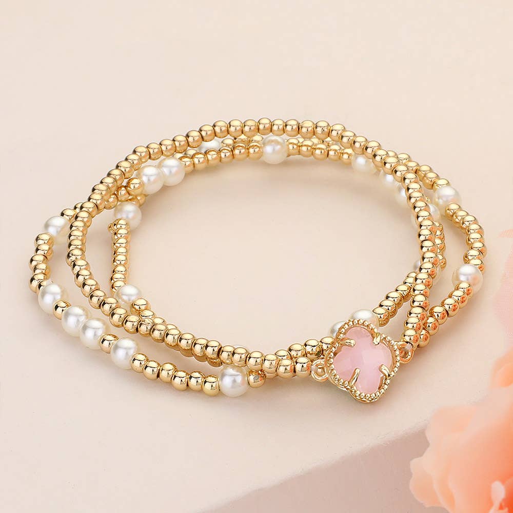 3PCS - Quatrefoil Pearl Metal Ball Beaded Stretch Bracelets