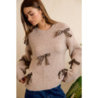 LEOPARD BOW ACCENT SOFT KNIT PULLOVER SWEATER