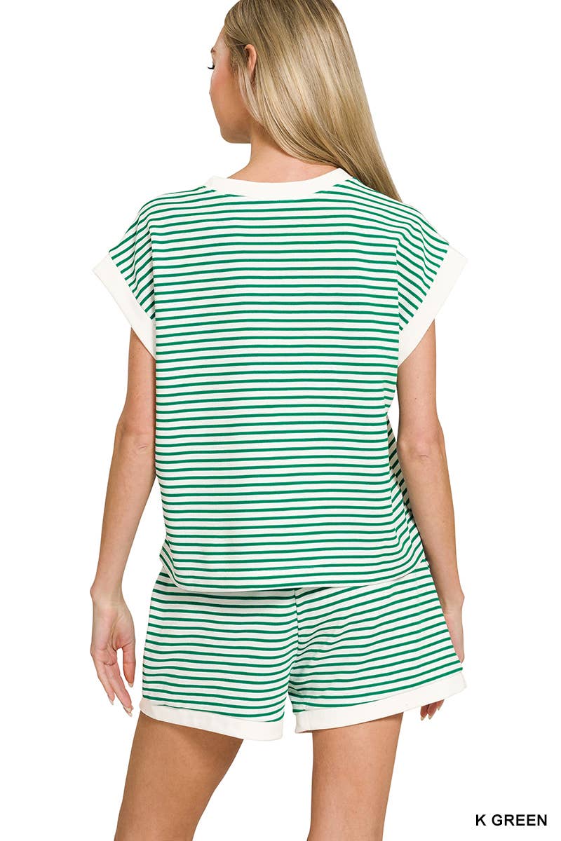 ...Stripe Contrast Trim Top & Shorts Set