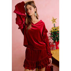 HOLIDAY VELVET RUFFLED SLEEVES V NECK TOP
