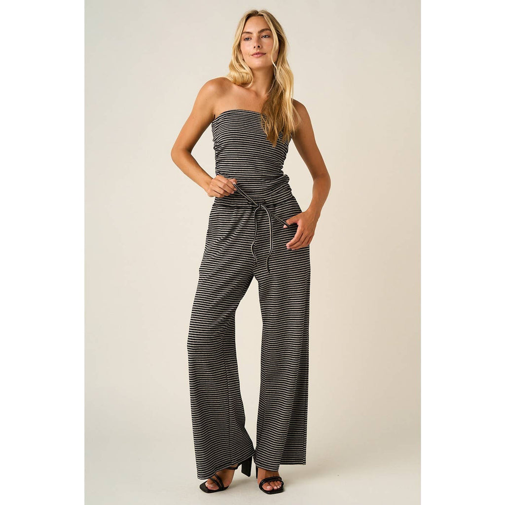 STRIPED PRINT SMOCKED BACK TUBE TOP AND PANTS SET