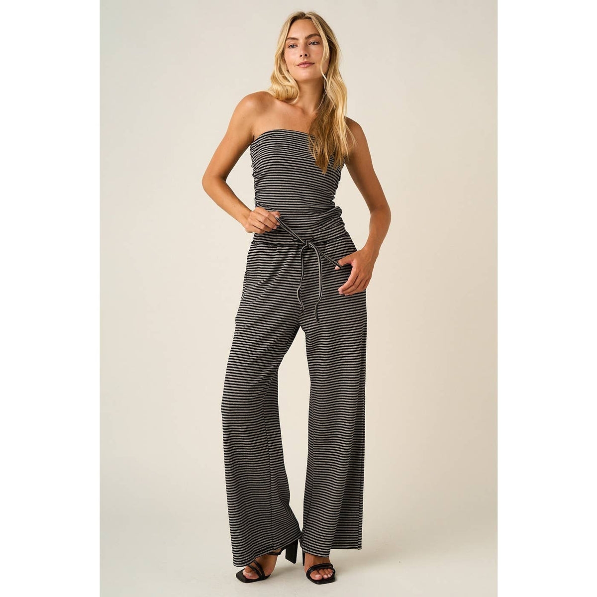 STRIPED PRINT SMOCKED BACK TUBE TOP AND PANTS SET