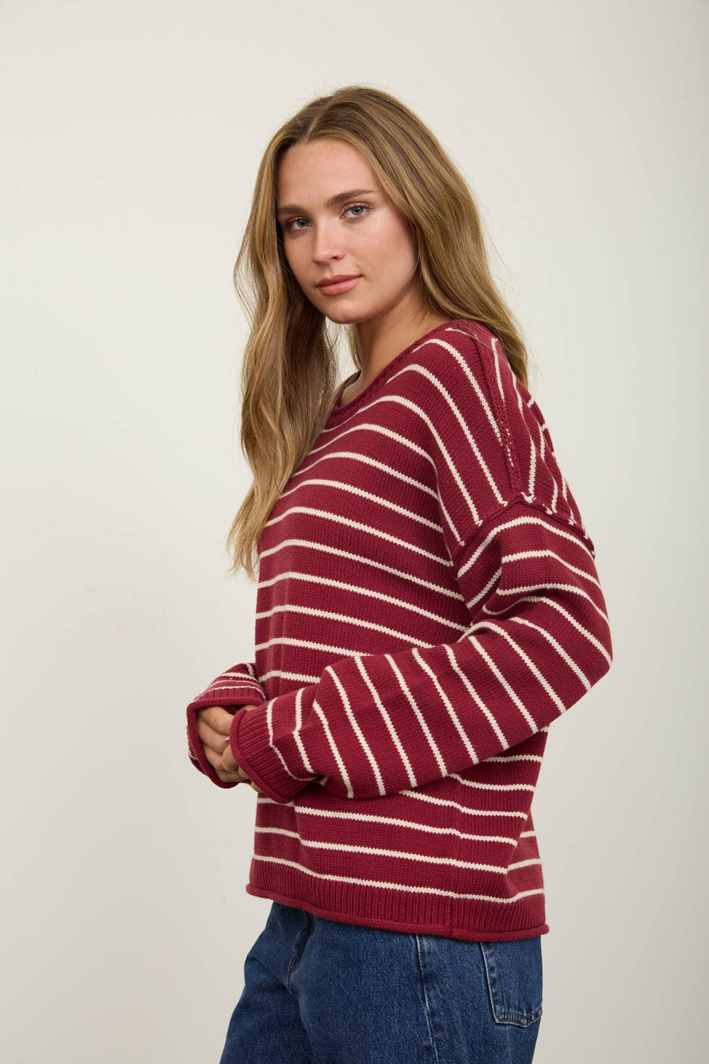 CREAM STRIPED DROP SHOULDER CREW NECK SWEATER