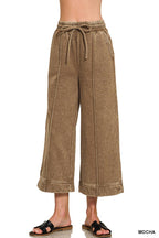 Acid Washed Fleece Pintuck Wide Leg Cropped Pants w/ Pockets