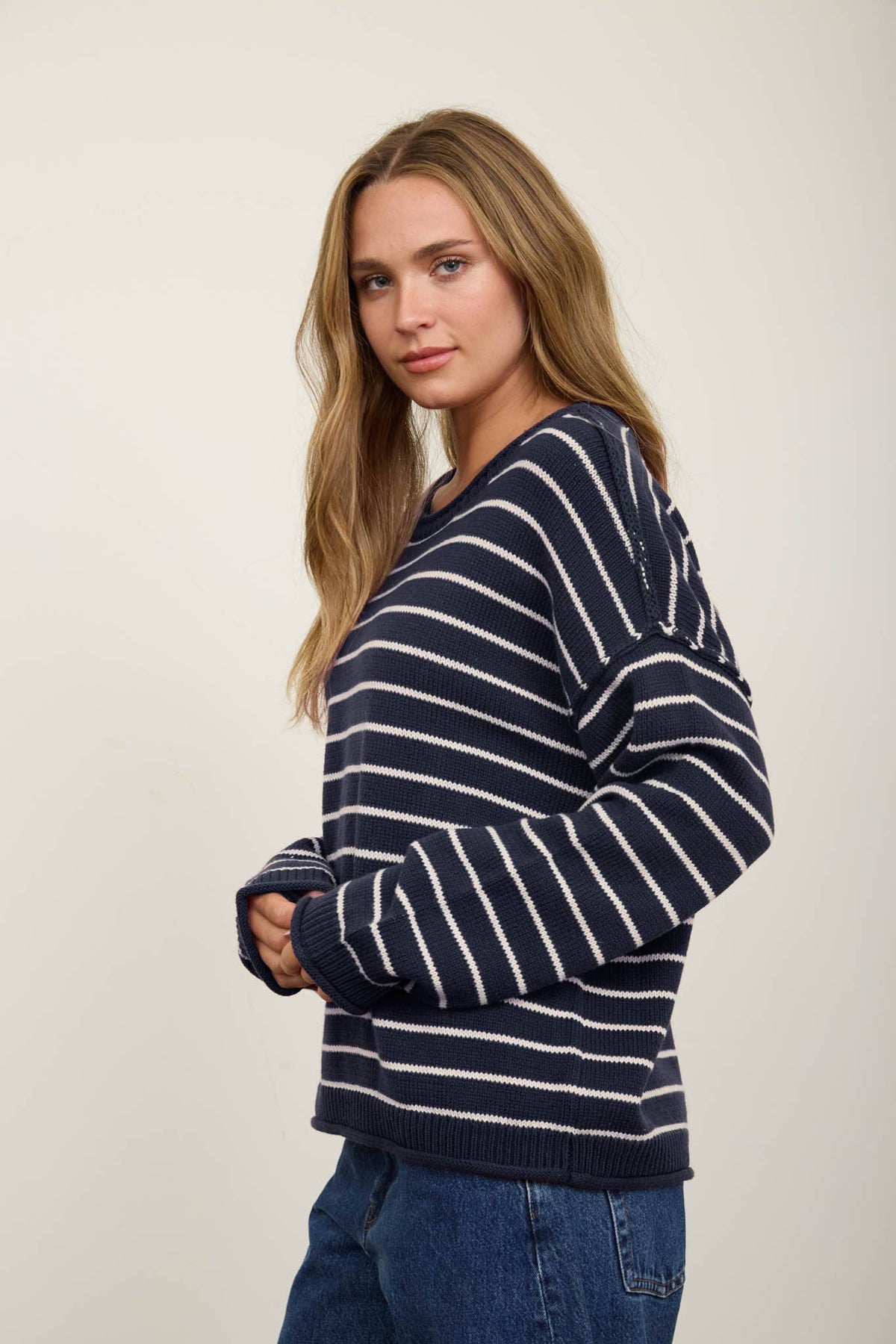 CREAM STRIPED DROP SHOULDER CREW NECK SWEATER