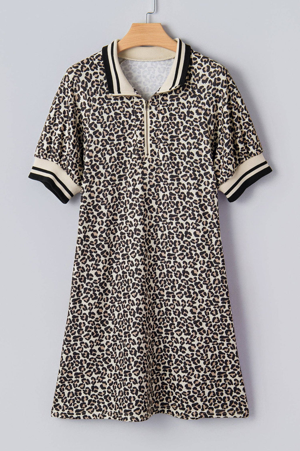 PRETTY BASH Leopard Stripe Patchwork Zip Collar Mini Dress