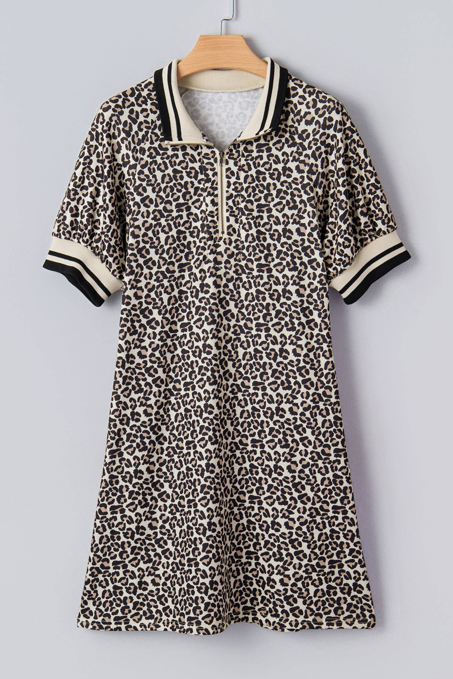 PRETTY BASH Leopard Stripe Patchwork Zip Collar Mini Dress