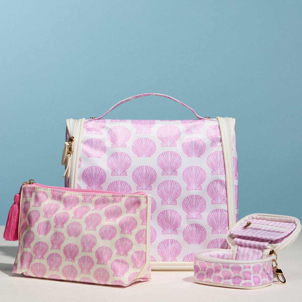 Pink Seashell Print Cosmetic Pouch | Zipper Makeup Bag with Tassel