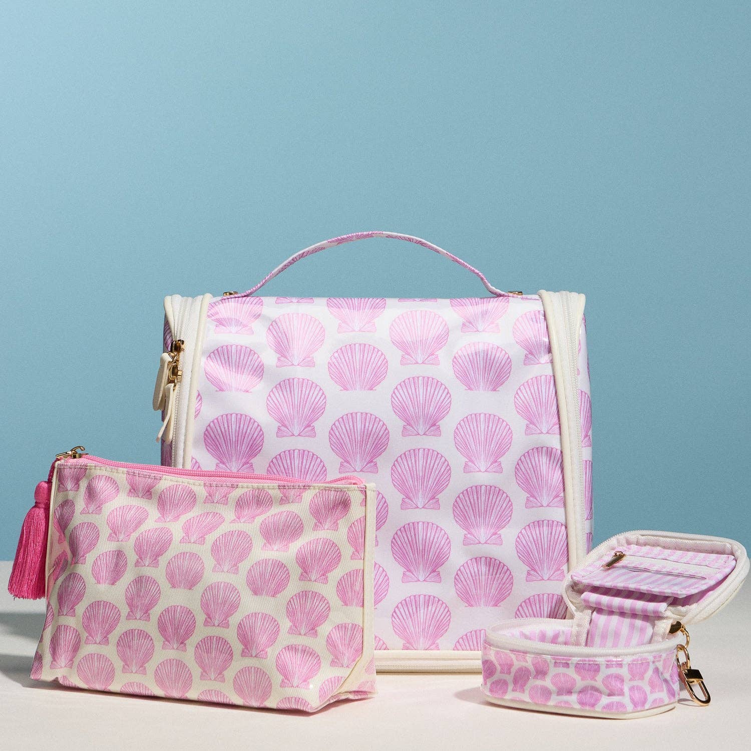 Pink Seashell Print Cosmetic Pouch | Zipper Makeup Bag with Tassel