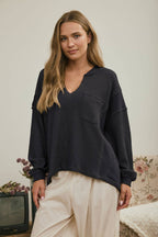 SPLIT NECK RAW EDGE LONG SLEEVE RIBBED KNIT TOP