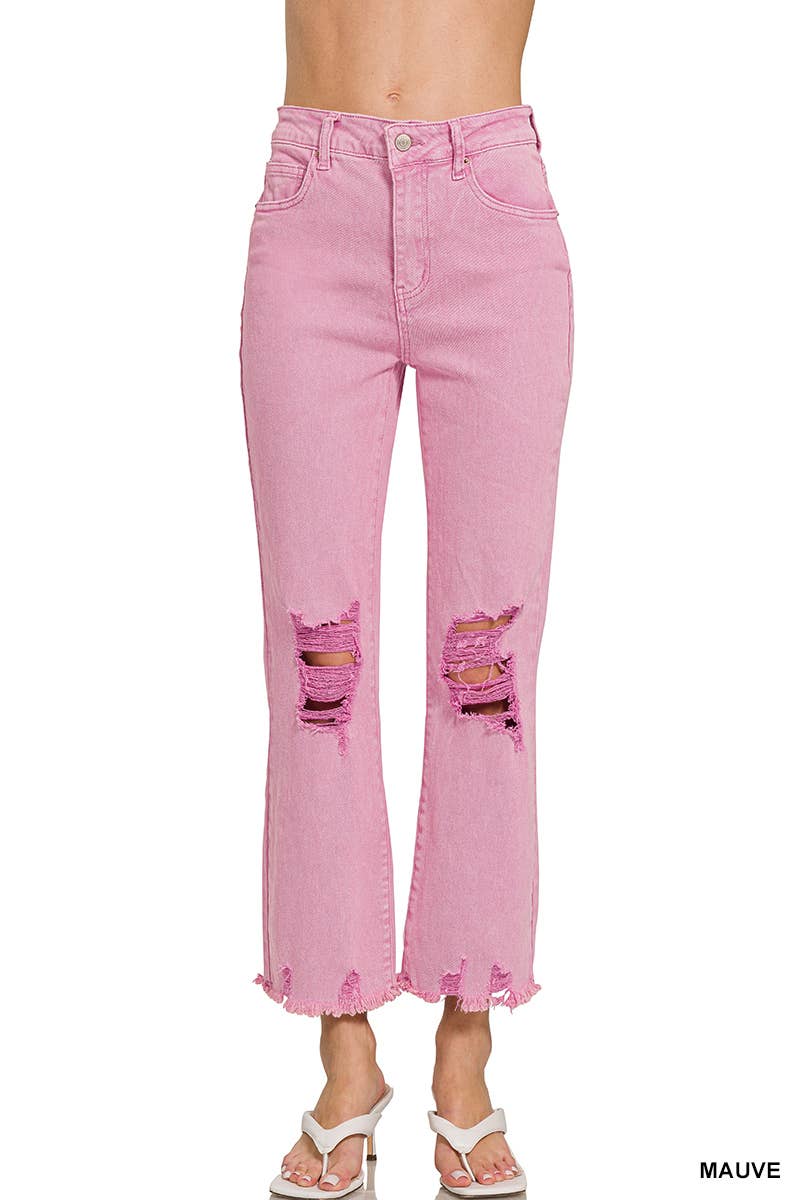 `Acid Wash High Waist Distressed Straight Leg Pants