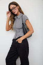 GINGHAM COLLARED SHORT SLEEVE CONTOURED TOP