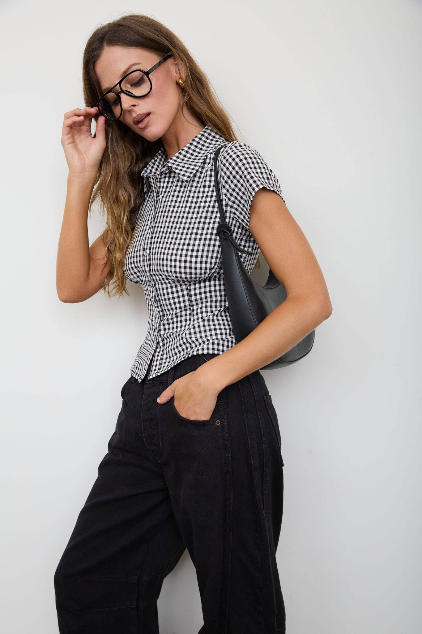 GINGHAM COLLARED SHORT SLEEVE CONTOURED TOP