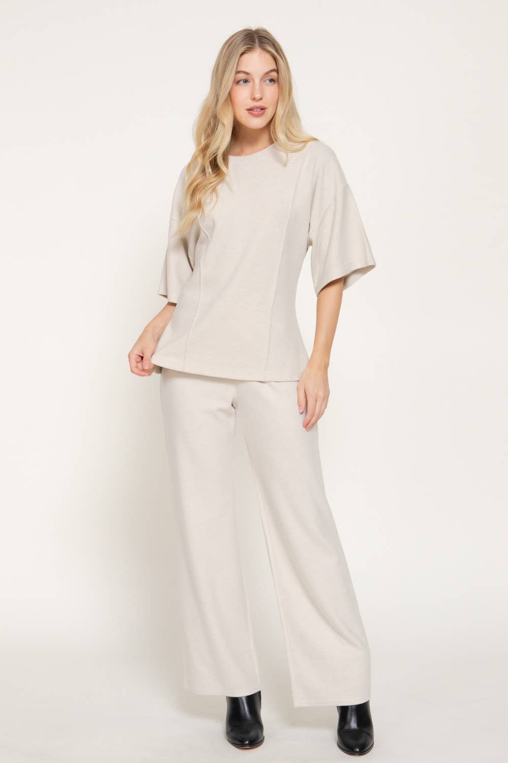 Elbow Sleeve Round Neck Brushed Knit Top with Flared Hem