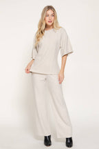 Elbow Sleeve Round Neck Brushed Knit Top with Flared Hem