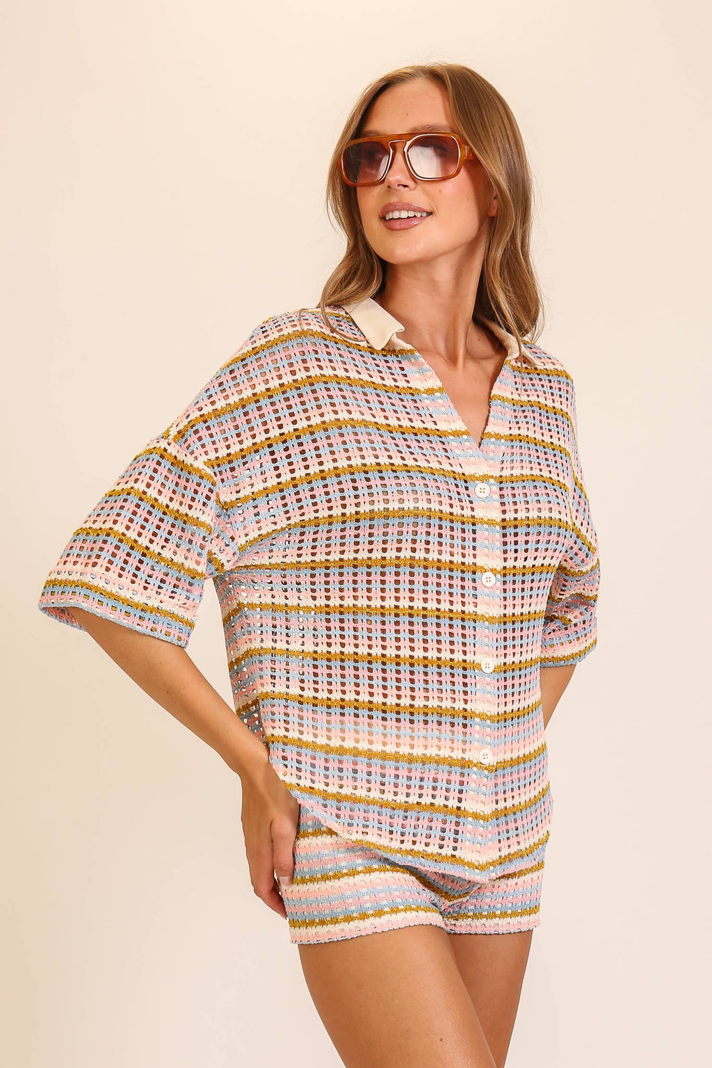 Striped Open-Knit Button-Up Short Set