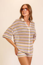 Striped Open-Knit Button-Up Short Set