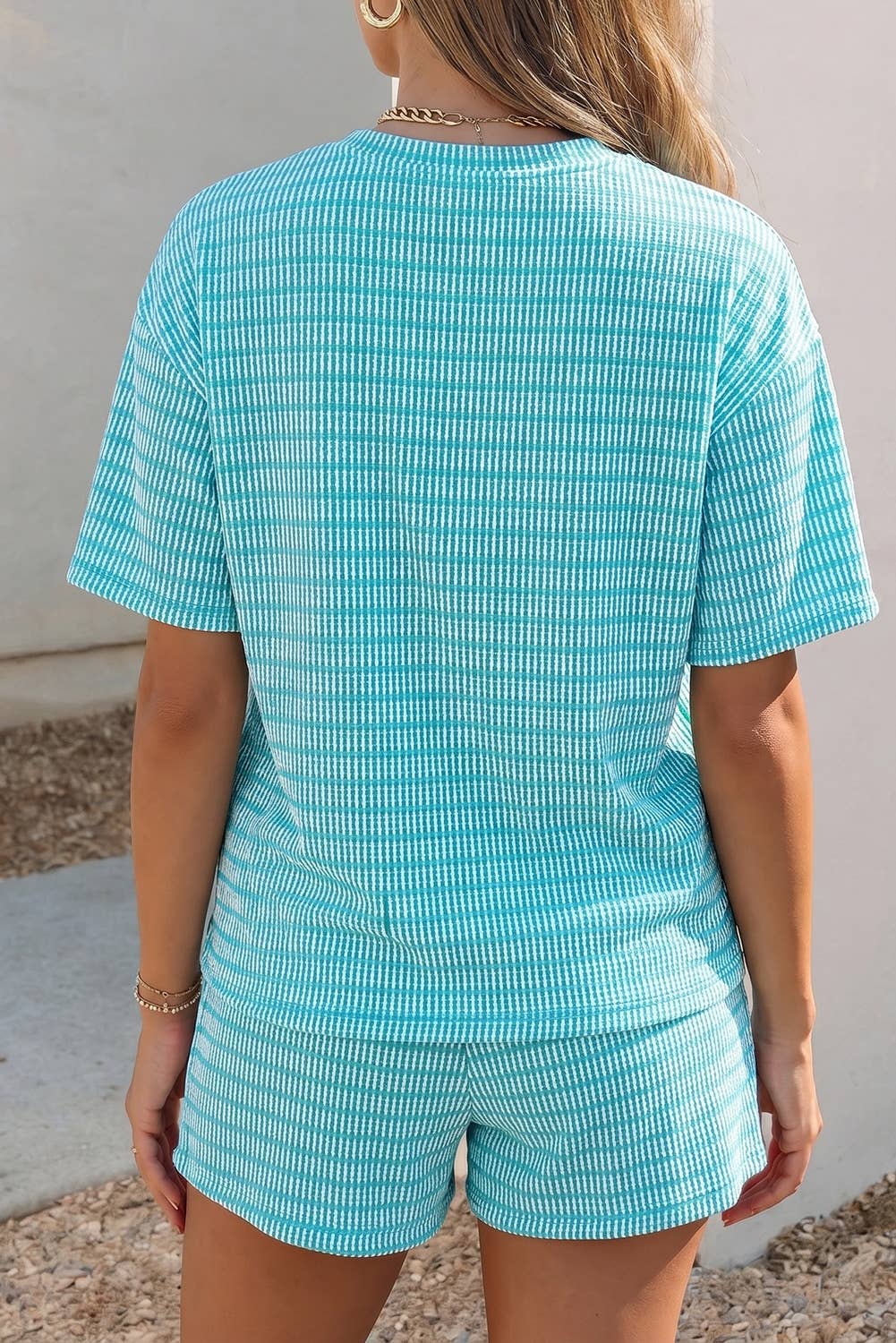 Raised Rib Loose Tee Drawstring Elastic Waist 2pcs Short Set