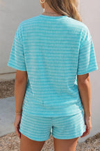 Raised Rib Loose Tee Drawstring Elastic Waist 2pcs Short Set