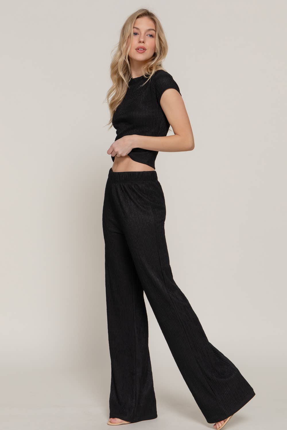 Short Sleeve Crew Neck Top & Waist Band Flare Pants Set