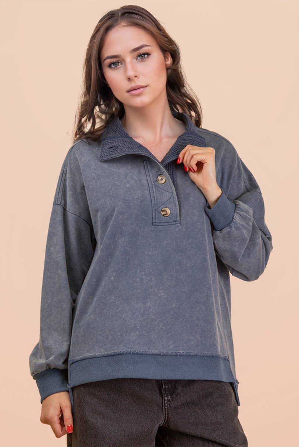 NT12225-Mock Neck Mineral Washed Knit Causal Top